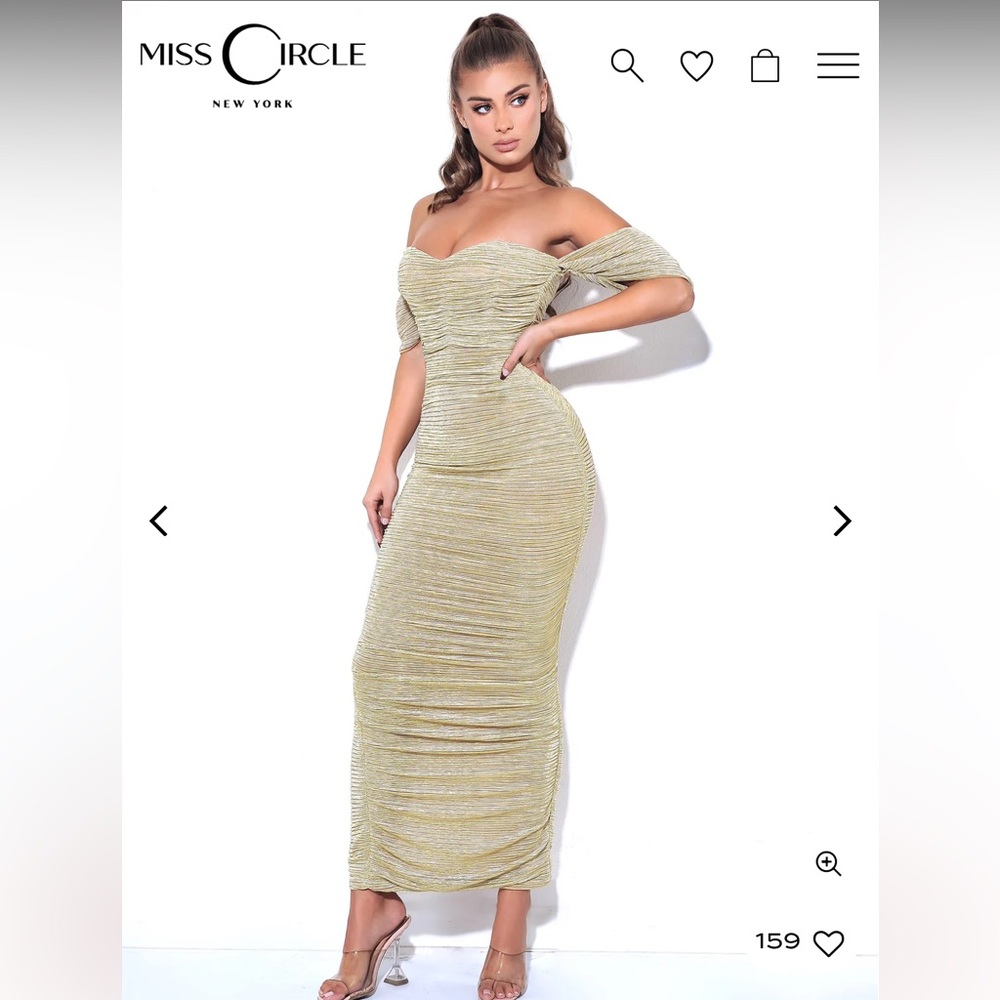 Miss Circle Gene Gold Ruched Off Shoulder Chiffon Dress